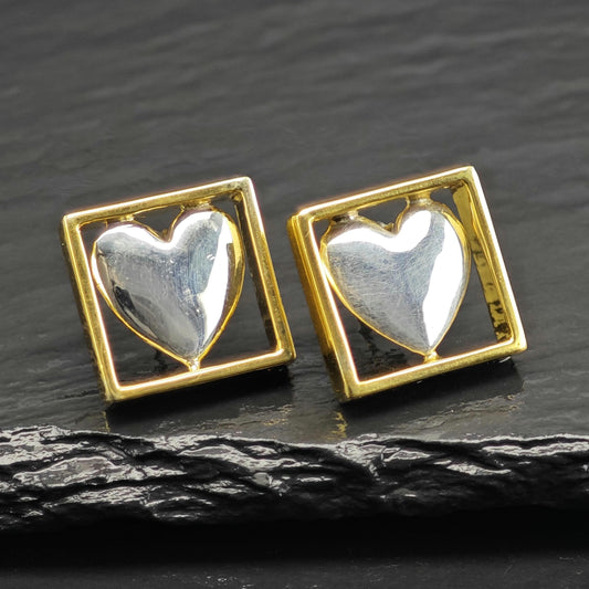 Sergio Bustamante Heart, Gold Tone Frame Stud Sterling Silver Earrings ER3123