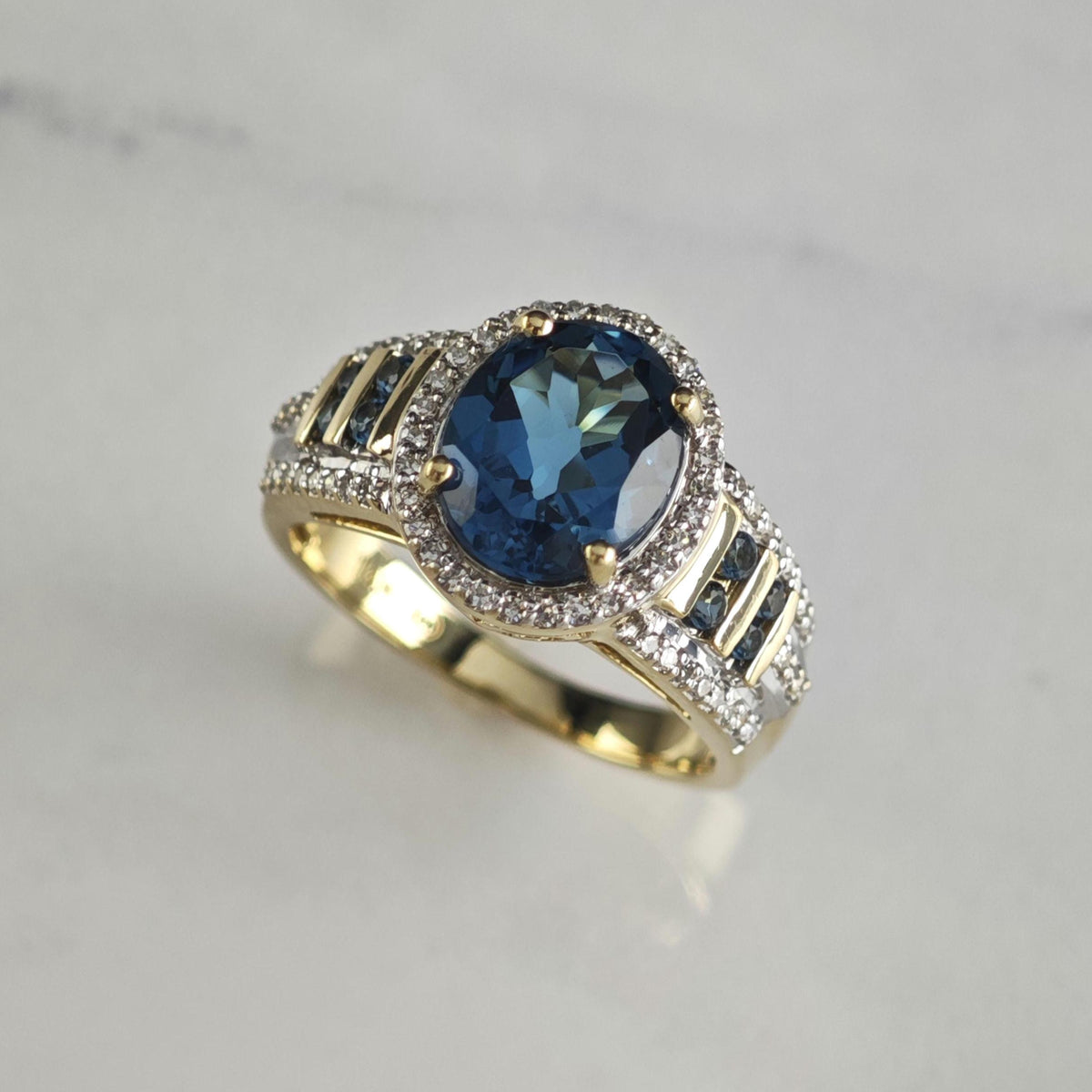 London Blue Topaz & Diamond 14K Gold Ring Sz 7 R6795