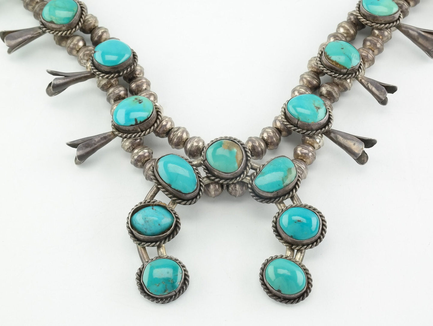 Vintage Sterling Silver Blue Turquoise Squash Blossom Necklace