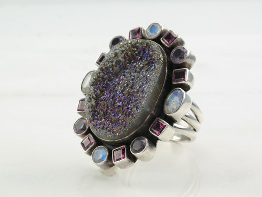 Nicky Butler Ring Druzy, Amethyst, Moonstone, Garnet Sterling Silver Size 7 3/4