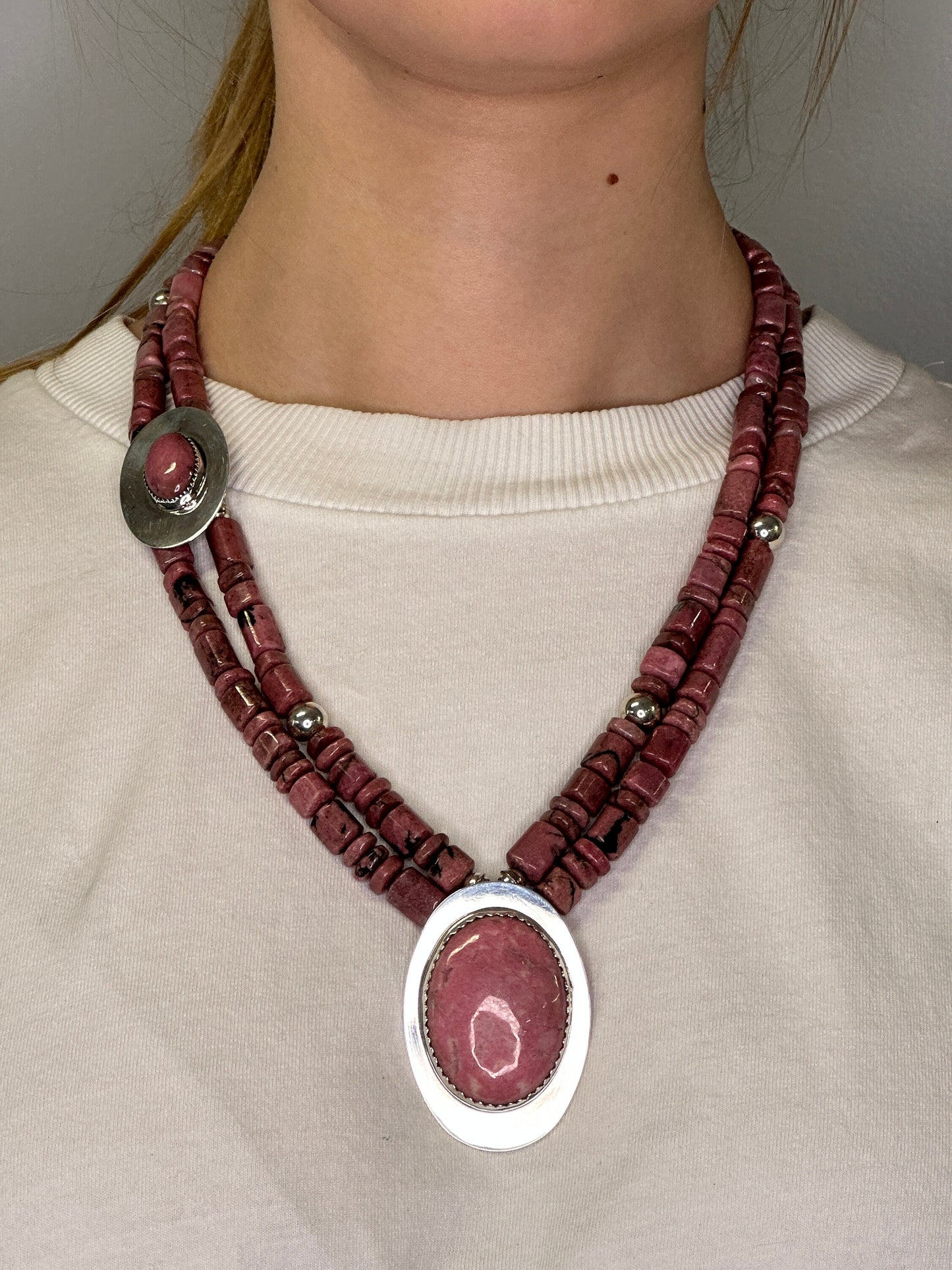 Pink Rhodonite Necklace | Sterling Silver & Rhodonite Bead Necklace | Southwestern Jewelry | Statement Necklace