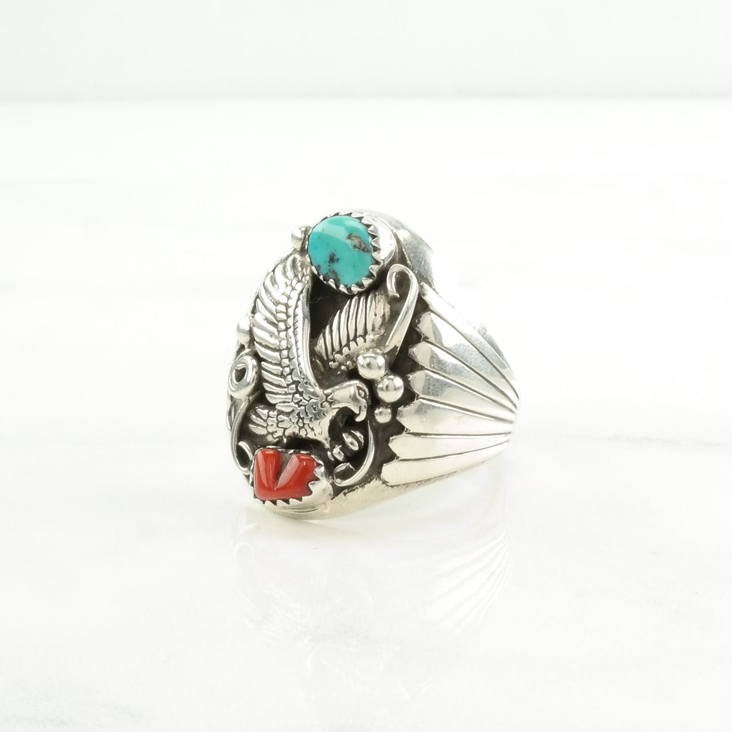 Native American Silver Ring Turquoise, Coral Eagle Sterling Red, Blue Size 12 1/4