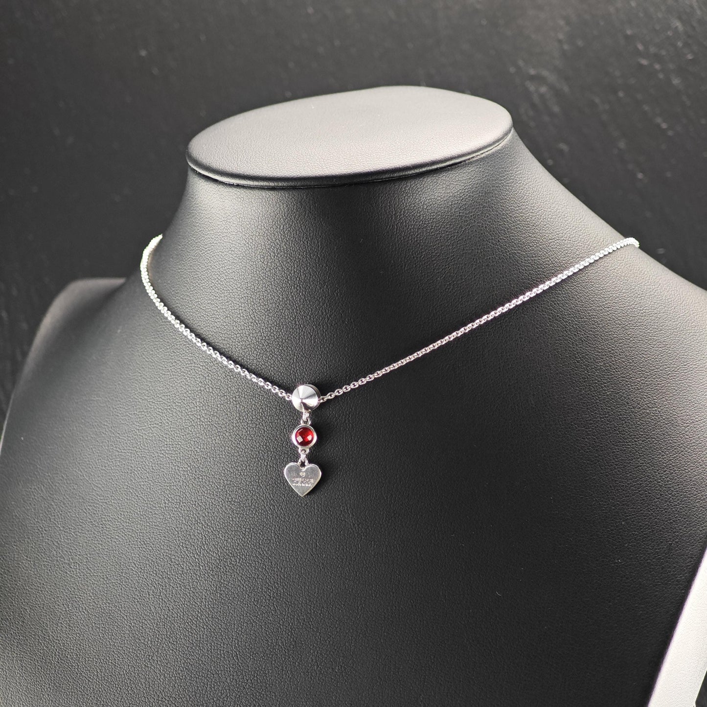 Gucci Sterling Silver Red Crystal Heart, Modernist Necklace N2592