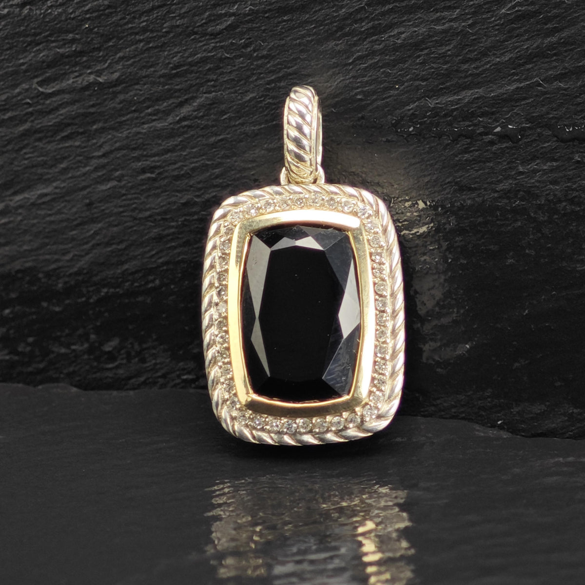 Vintage Designer Diamond Onyx 14K Bezel Woven Sterling Silver Pendant P3087