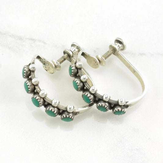 Fred Harvey Era Sterling Silver Block Turquoise Hoop Earrings Screw back