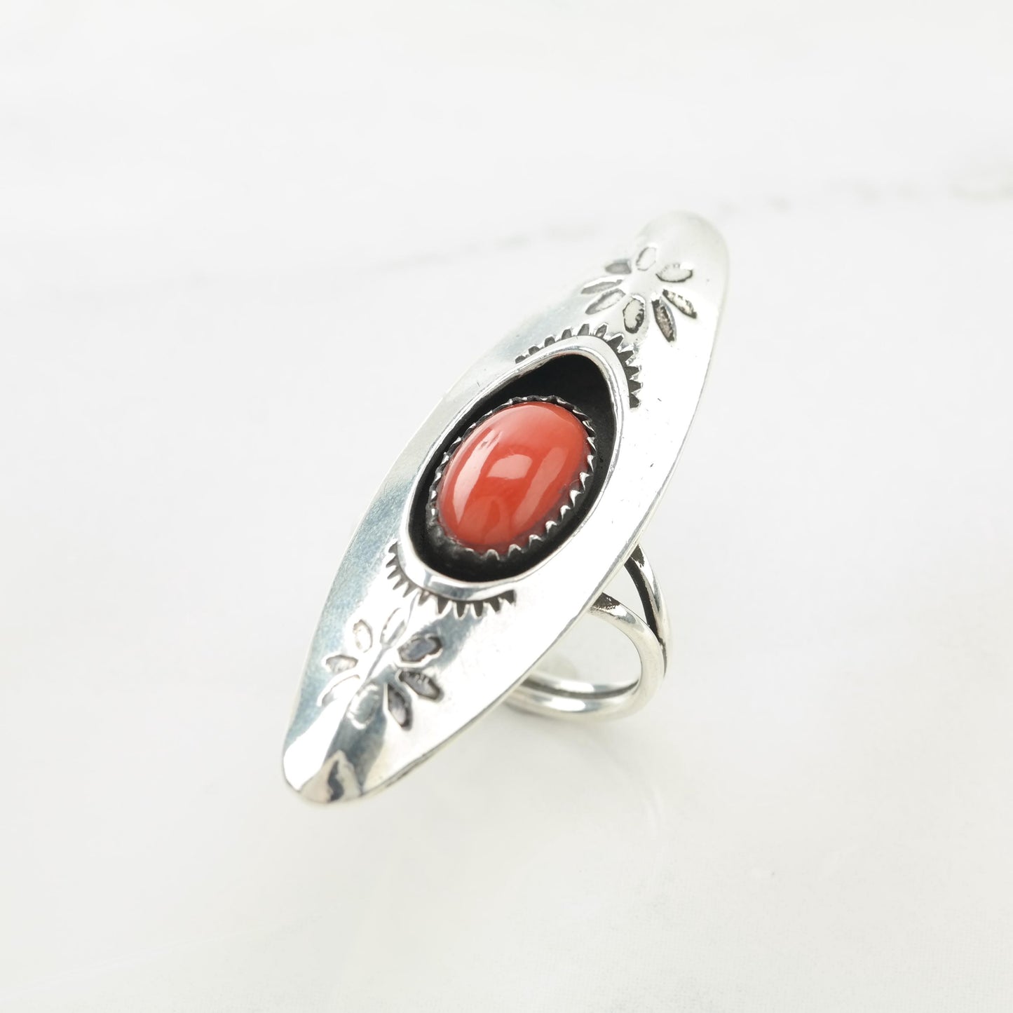 Native American Red Coral, Floral Stamped, Shadow Box, Long Sterling Silver Ring Size 5 1/2