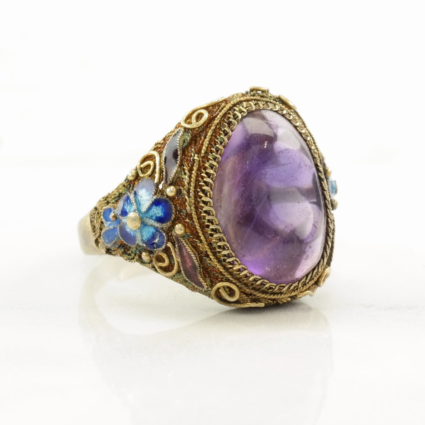 Sterling Silver Ring Amethyst Enamel, Flower, Gold Tone Size 9 1/2