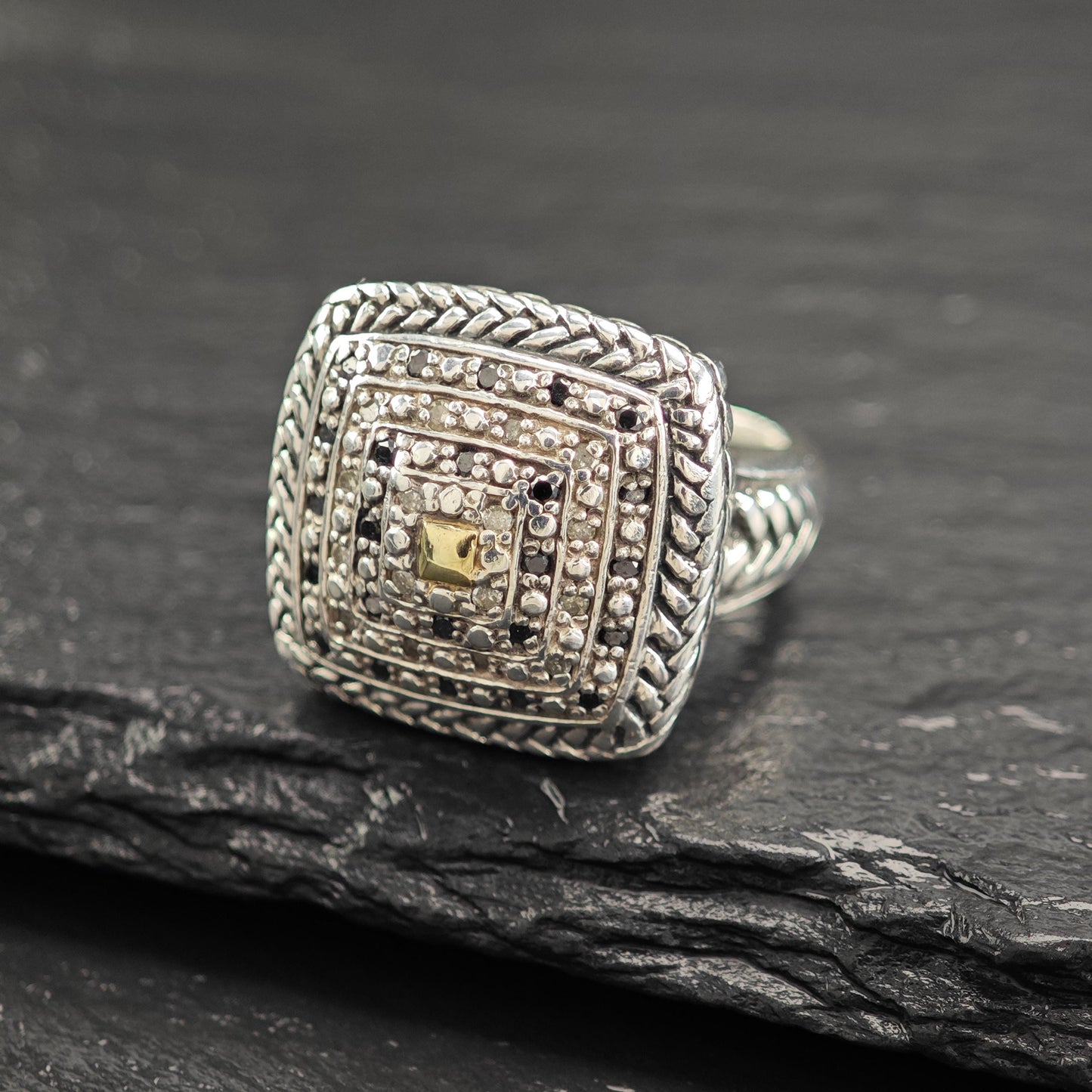Ring Sterling Silver Squared Dome Black And White Diamond 14K Gold Accent R5843
