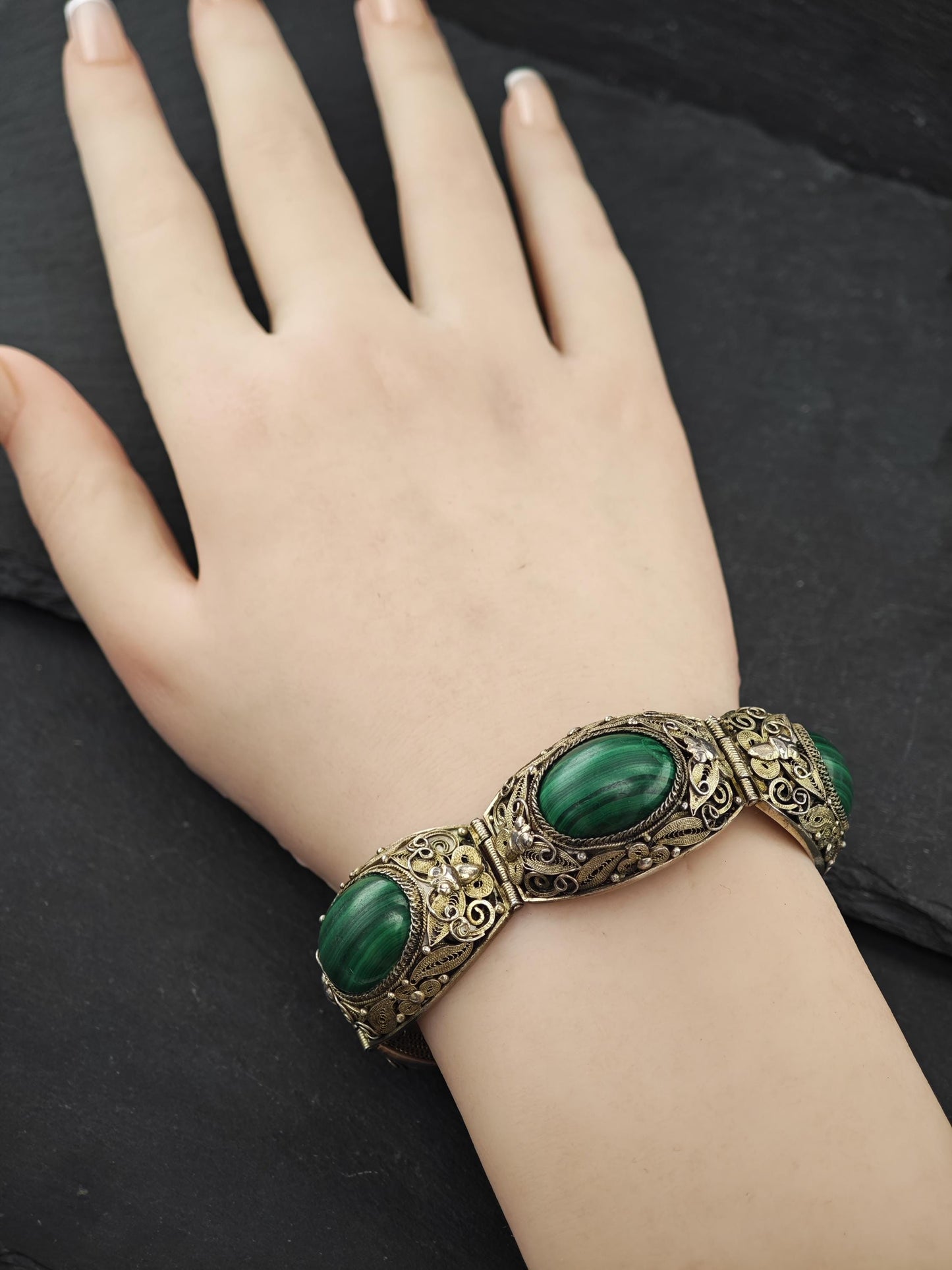 Chinese Silver Gilt Filigree, Malachite Panel Bracelet Sterling Silver