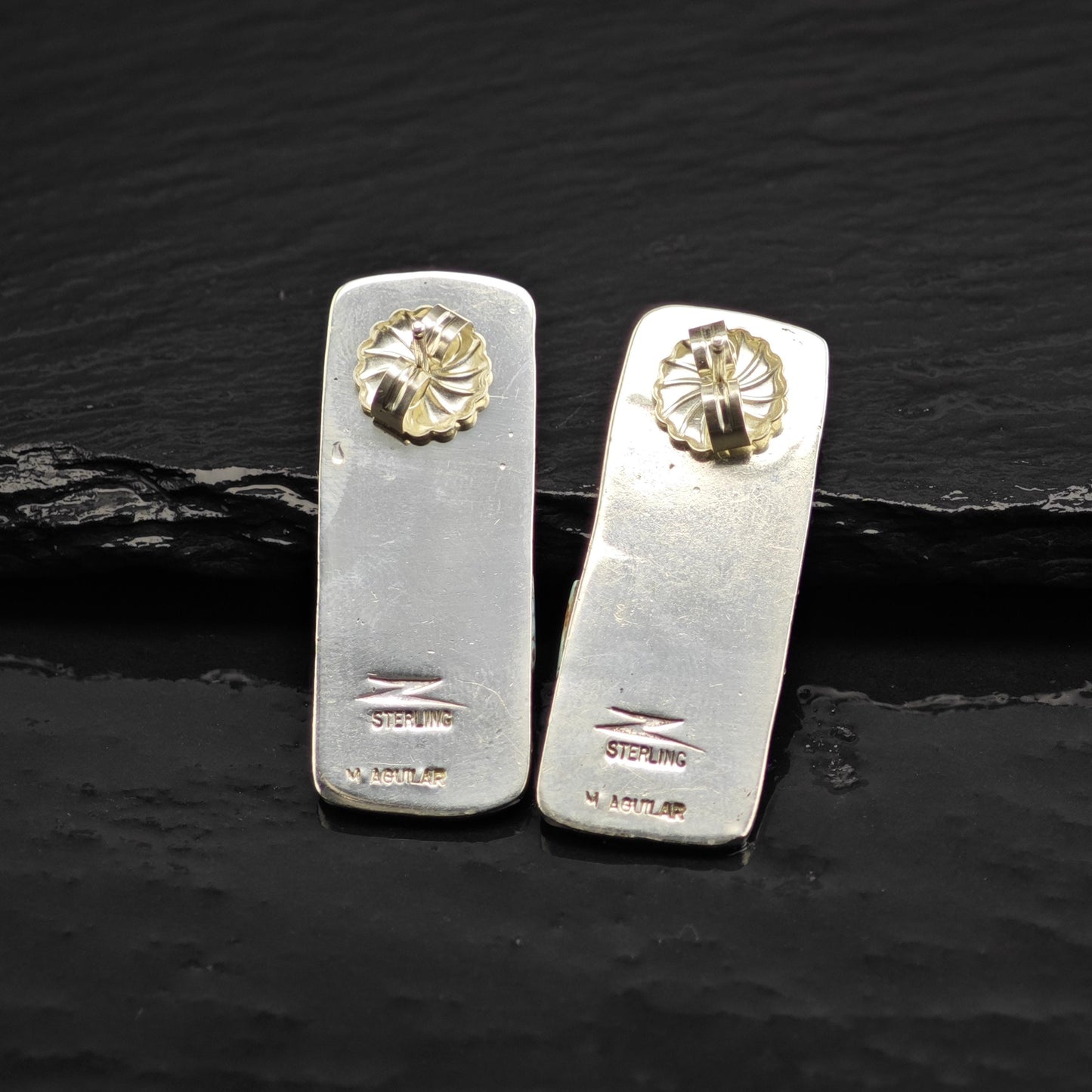 AS IS, Native American #8 Turquoise Cobble Stone Inlay Sterling Silver Stud Earrings ER3120