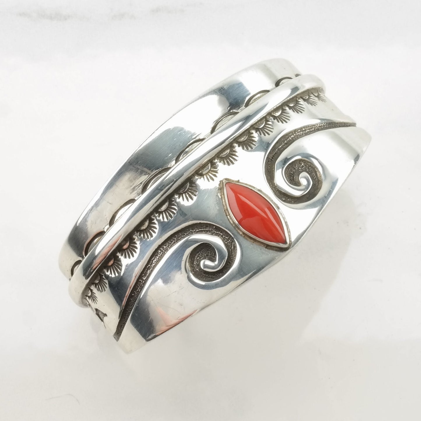 Native American Sterling Silver Cuff Bracelet Red Coral Stamped