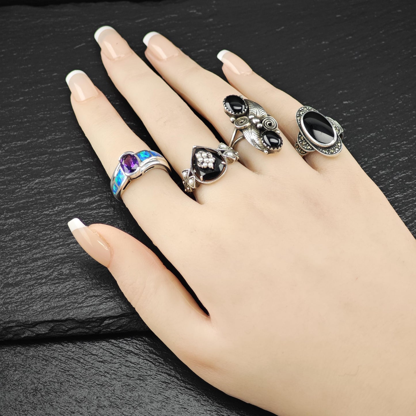 Lab Opal Inlay Amethyst Ring Sterling Silver Sz 8 R6221