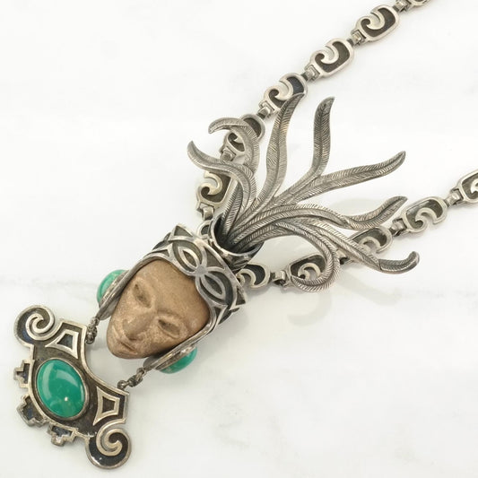 Vintage Taxco Sterling Silver Turquoise, Carved Stone Overlay, Warrior Mask Necklace