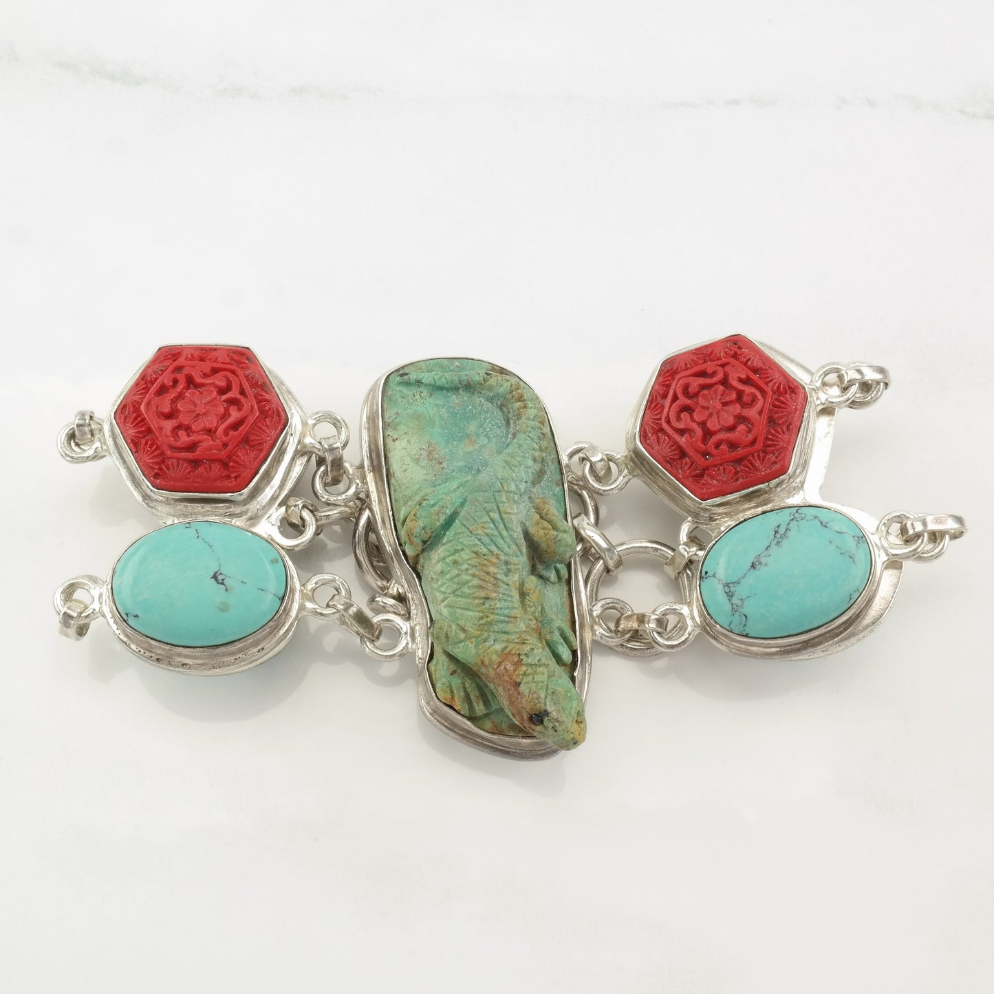 Sterling Silver Turquoise, Cinnabar, Lizard, Carved Link Bracelet