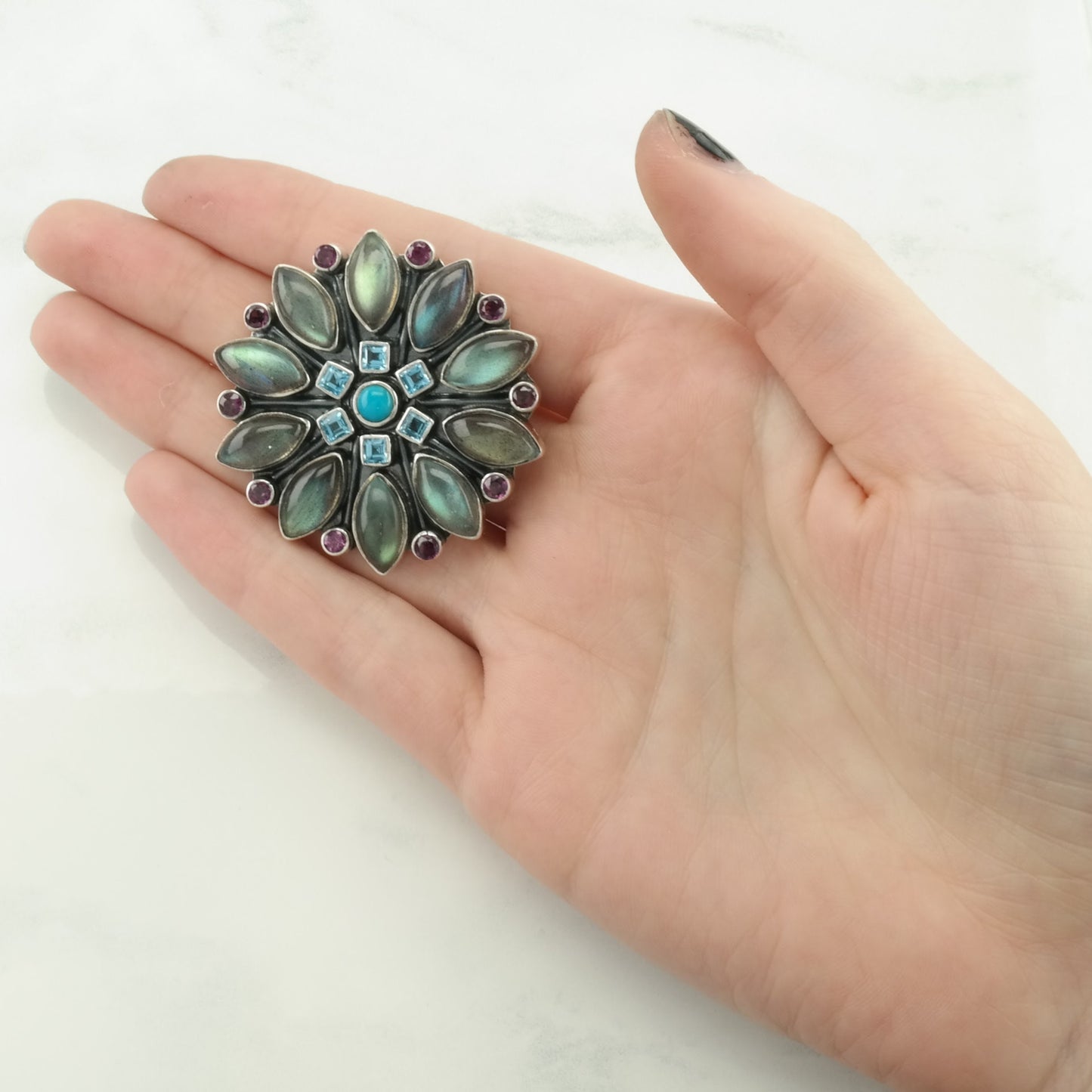 Vintage Nicky Butler Labradorite, Turquoise, Topaz Floral Sterling Silver Pendant
