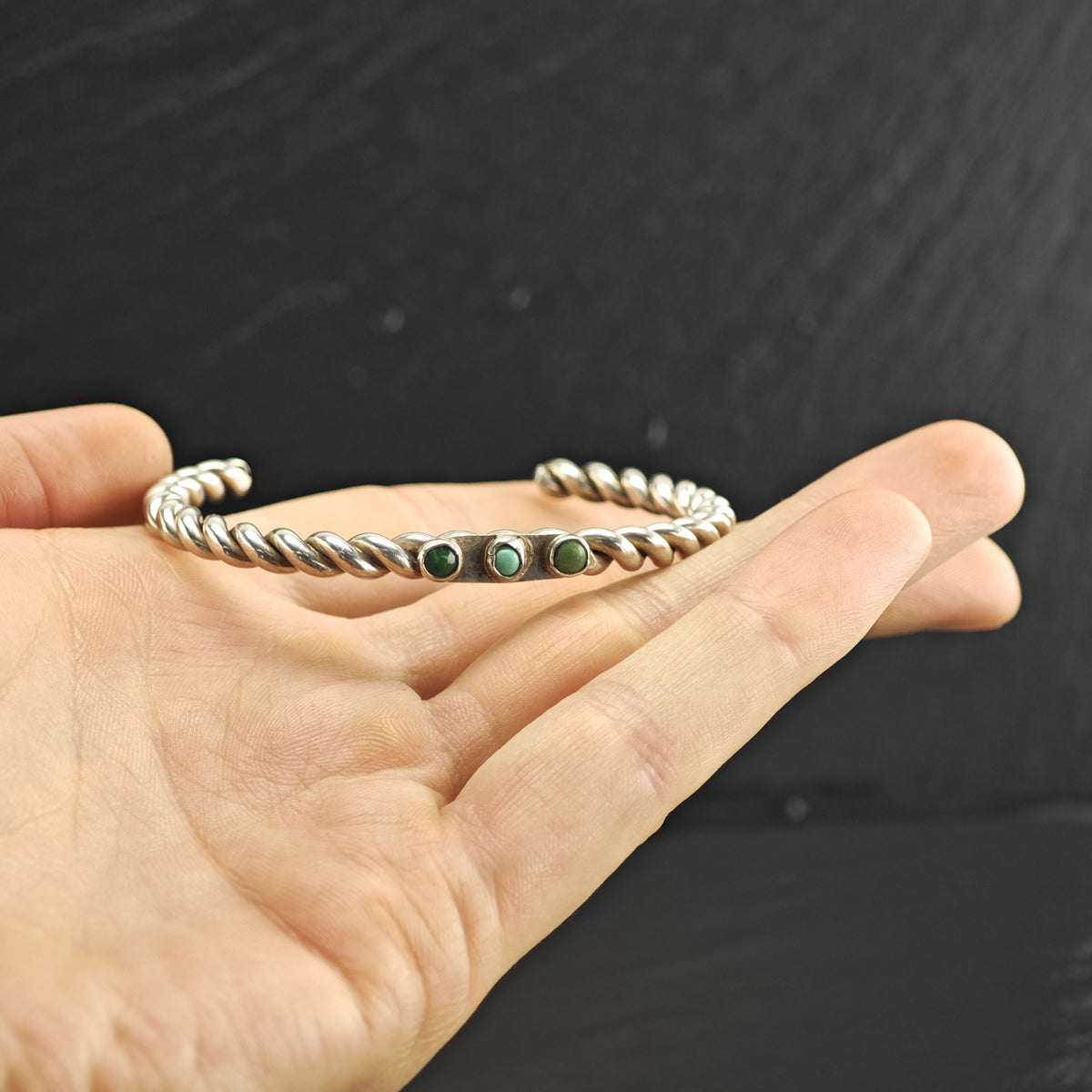 Antique Hand Forged Turquoise Trio Twisted Wire Sterling Silver Cuff Sz 6" BR3133
