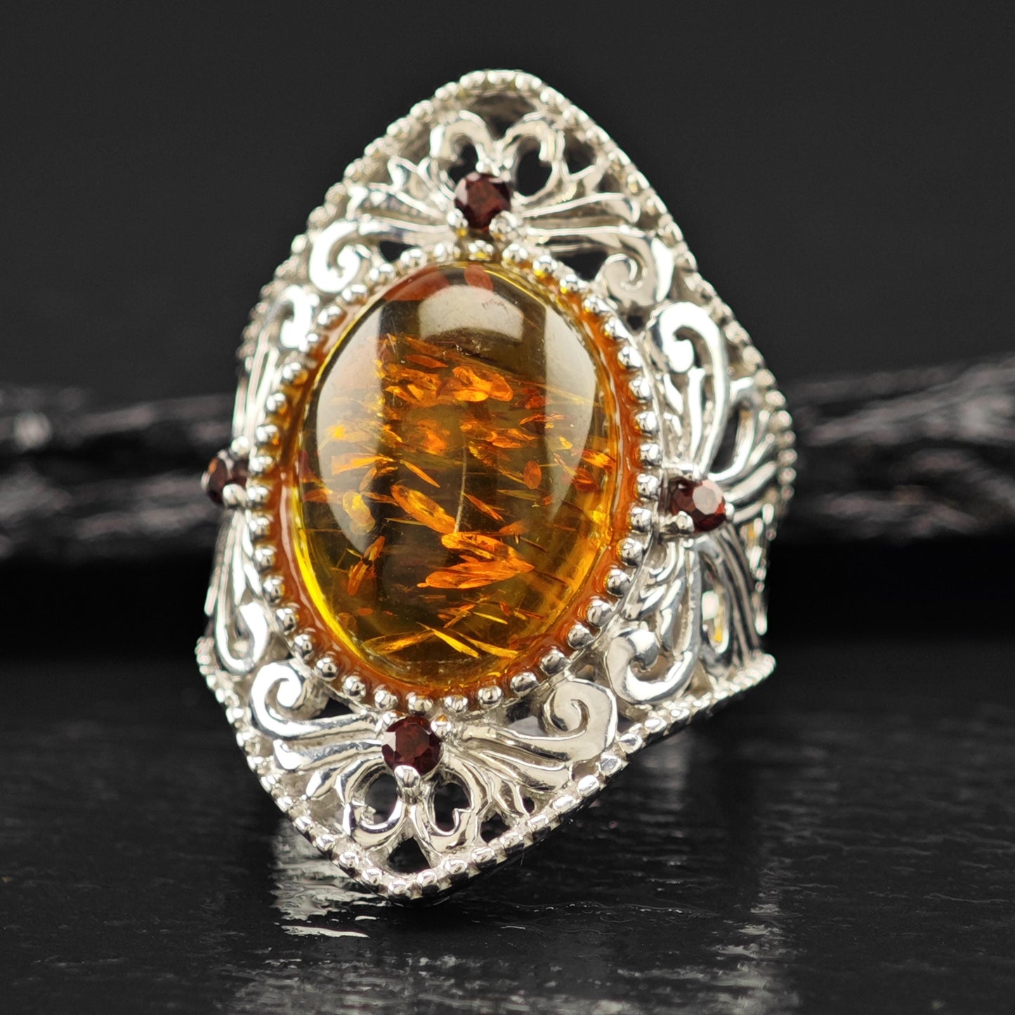 BBJ Amber Ruby Ring Sterling Silver Filigree Sz 6 1/4 R6090