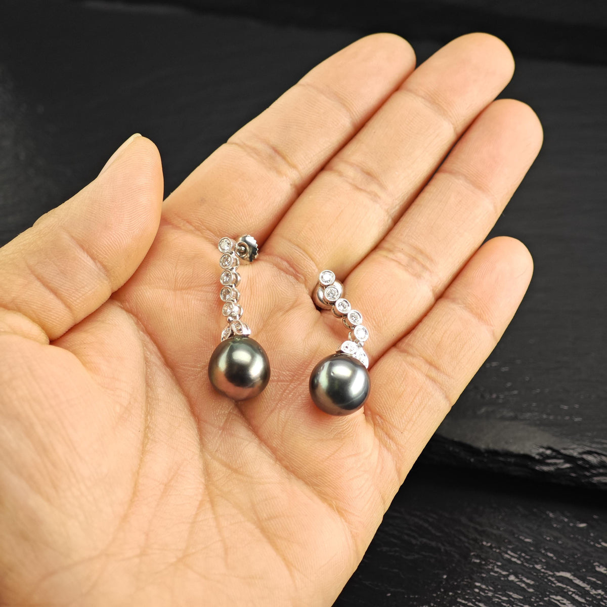 11mm Tahitian Pearl Diamond, 18K White Gold Stud/Dangle Earrings ER3220