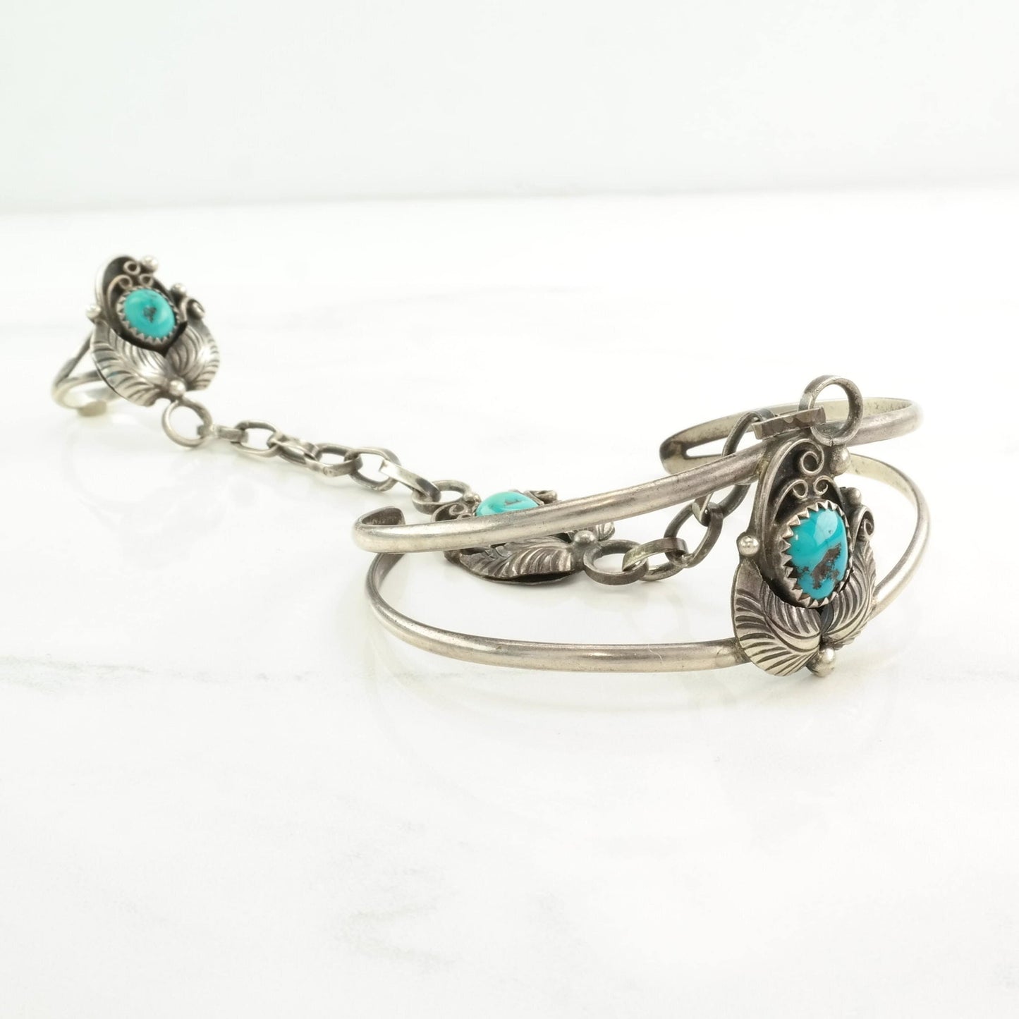 Native American Sterling Silver Cuff Bracelet Ring Combo Blue Turquoise Leaf