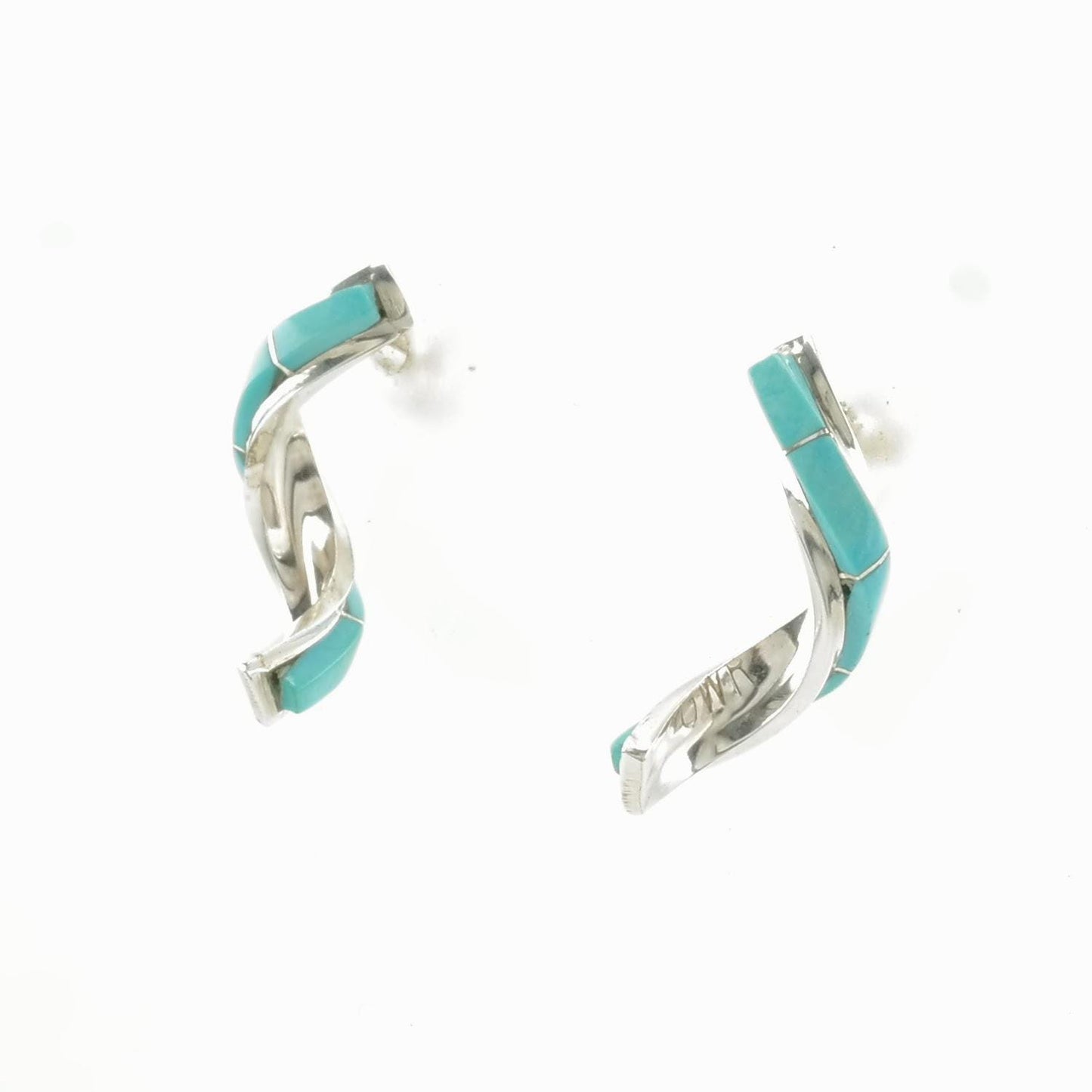 Vintage Sterling Silver Stud Earrings Blue Turquoise Inlay, Twisted