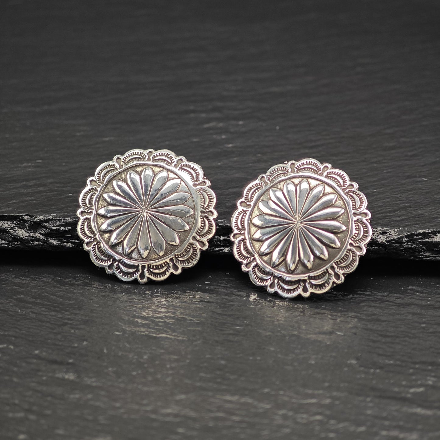 Vintage Concho Round, Shield Stud Earrings Sterling Silver