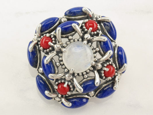 Vintage Relios Lapis Lazuli, Coral, Moonstone Abstract Sterling Silver Pendant