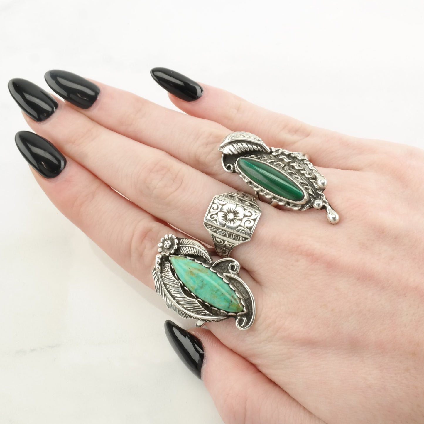 Southwest Silver Ring Malachite Leaf, Navette Sterling Green Size 6 3/4