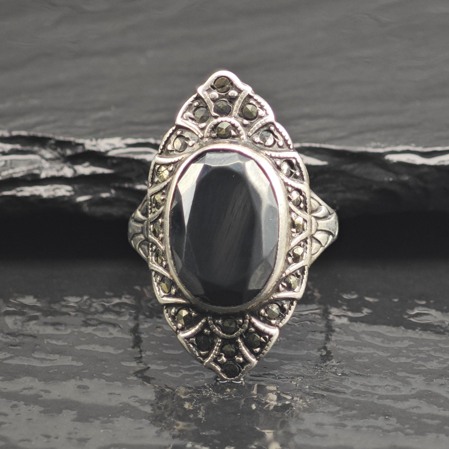 Art Deco Hematite Marcasite Sterling Silver Ring Sz 7 R6676