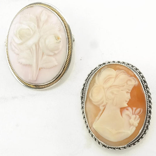 Choice of Vintage Pink, Orange Silver Brooch Portrait, Roses Cameo Sterling