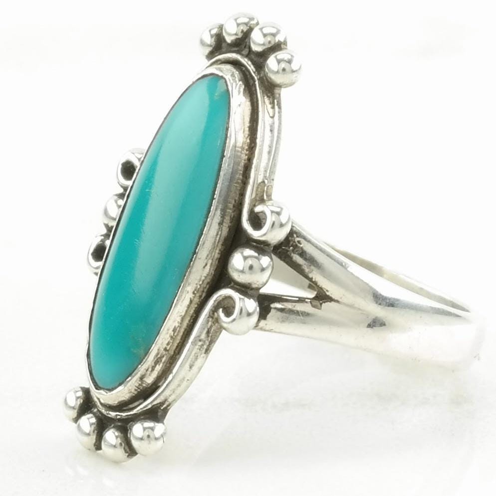 Vintage Native American Silver Ring Turquoise Navette Sterling Blue Size 7 1/2