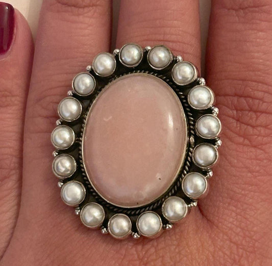 Vintage Large Silver Ring Rose Quartz Pearl Sterling Pink Adjustable