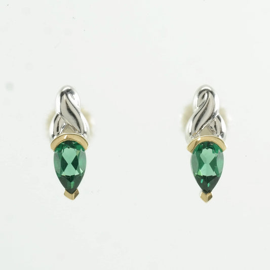 Vintage Sterling Silver Green Gemstone 18K Gold Earrings Stud