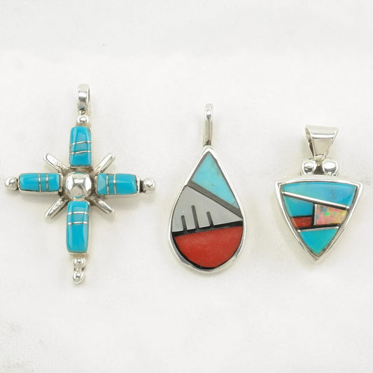 Vintage Southwest Turquoise, Multi Gemstone Inlay Sterling Silver Pendant