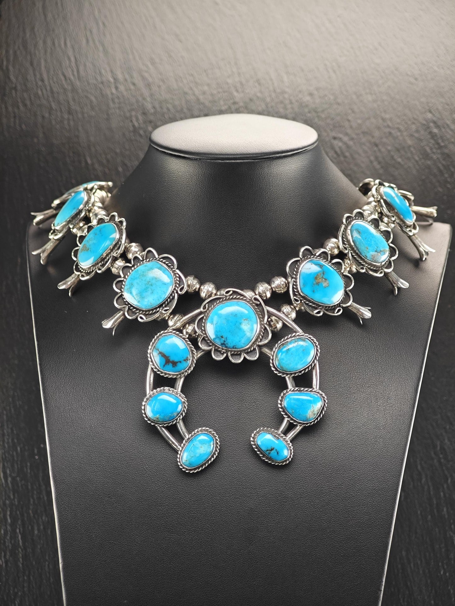 Southwest Turquoise Floral, Squash Blossom Necklace Sterling Silver