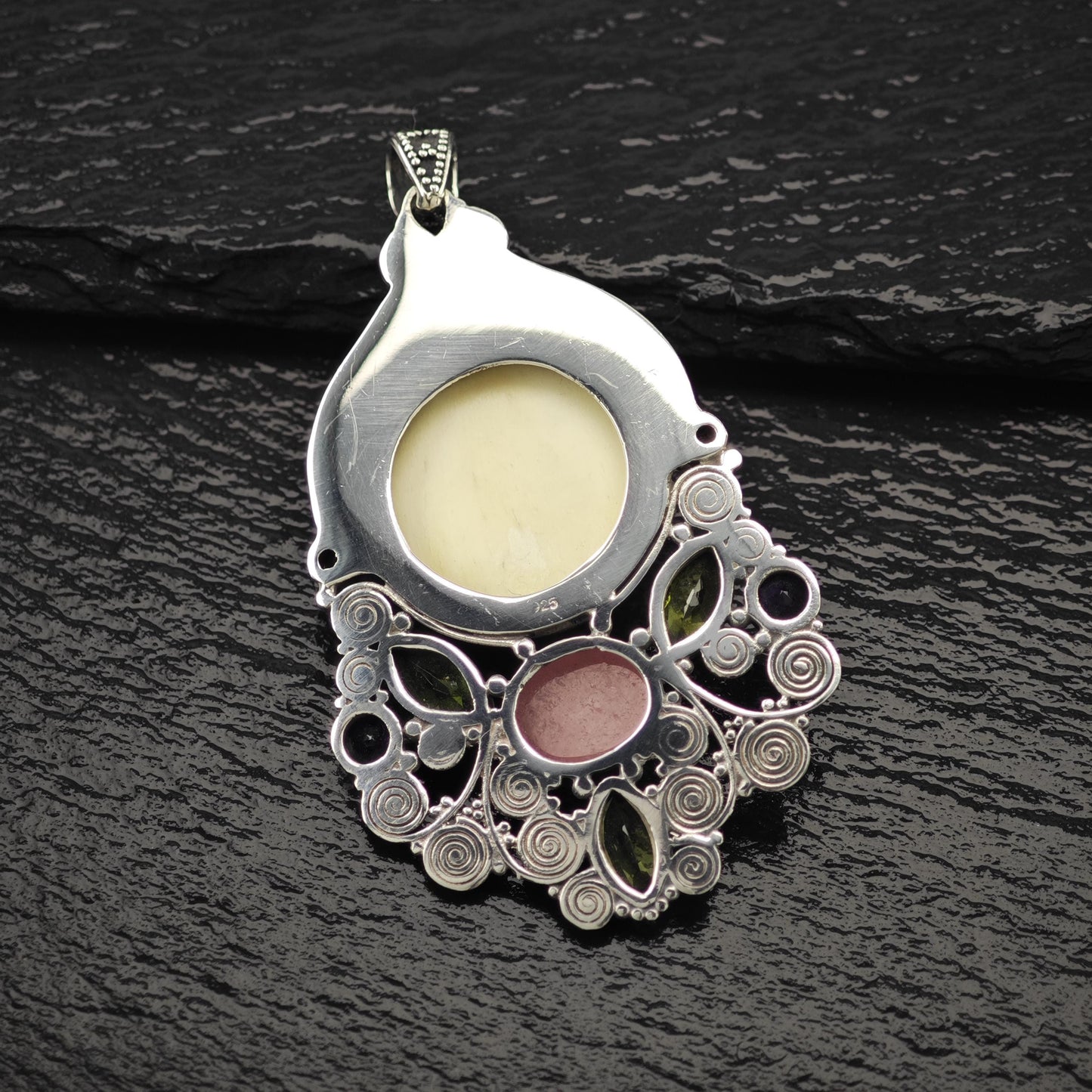 Carved Goddess Face Gemstones Pendant Sterling Silver P2806