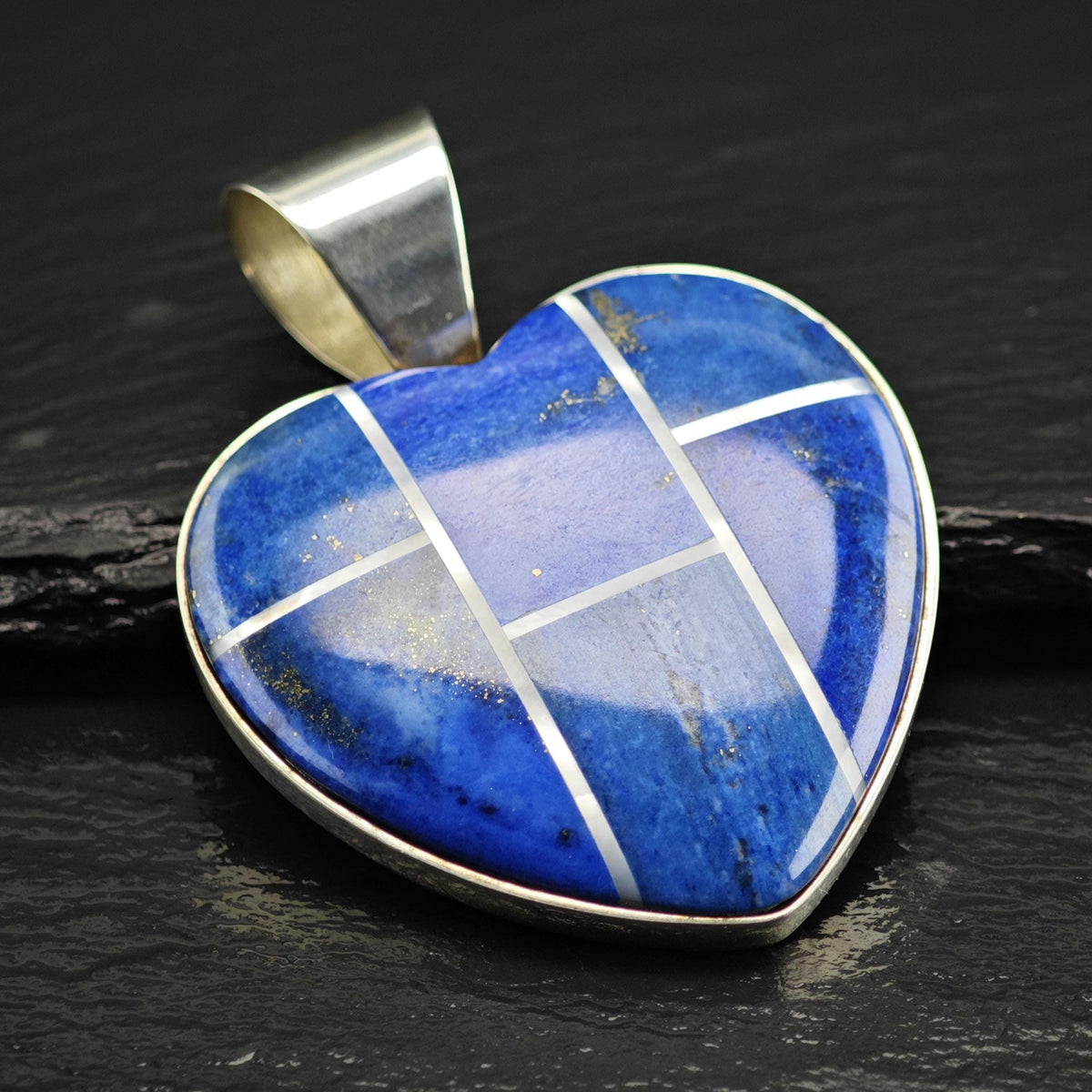Large DTR Lapis, MOP Inlay Heart Sterling Silver Pendant P3089