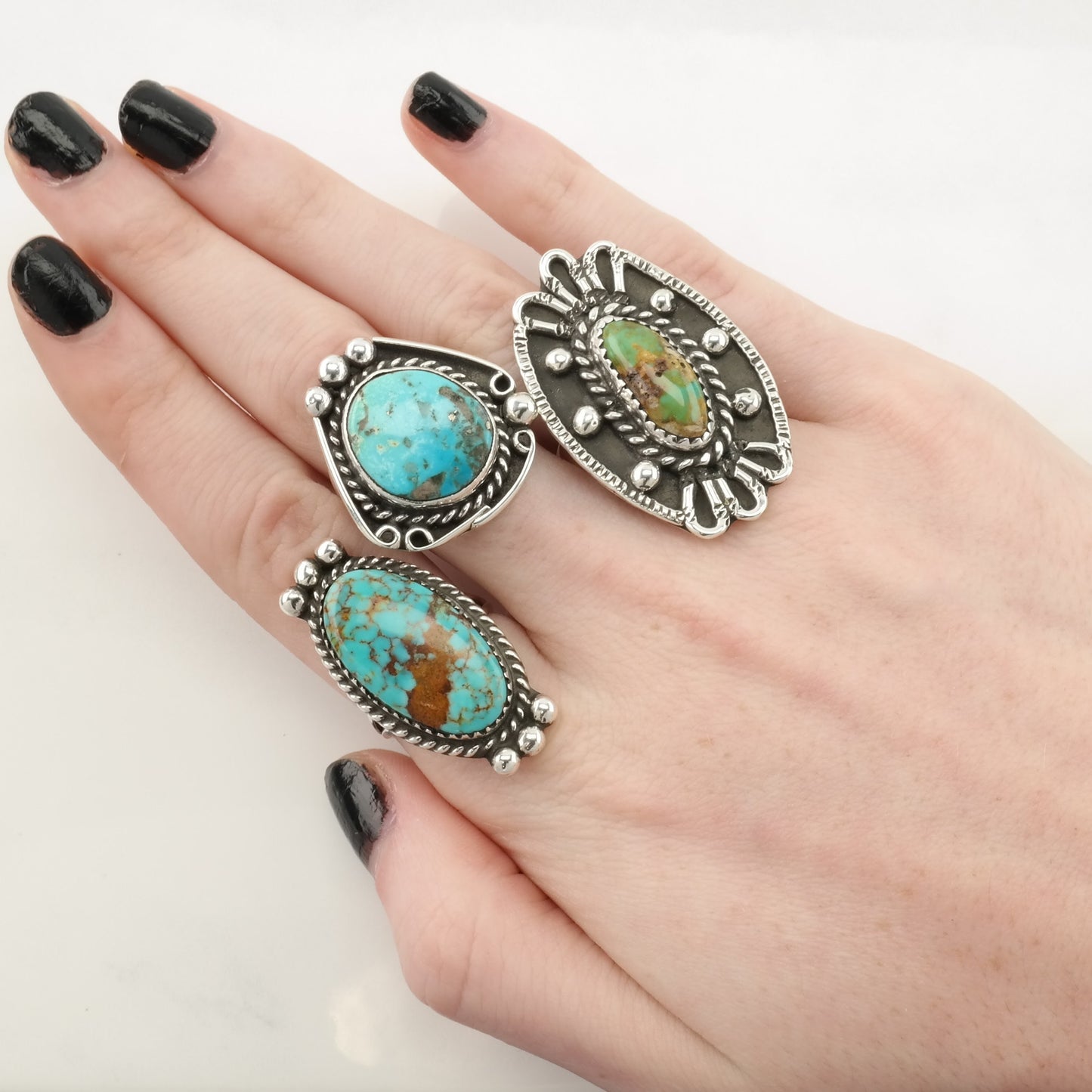 Native American Silver Ring Turquoise Floral, Large Sterling Green Size 7 1/2