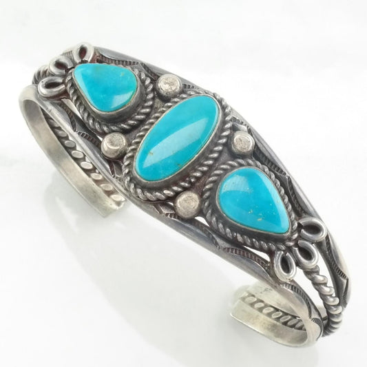 Native American Turquoise Cuff Bracelet Sterling Silver Three Stone