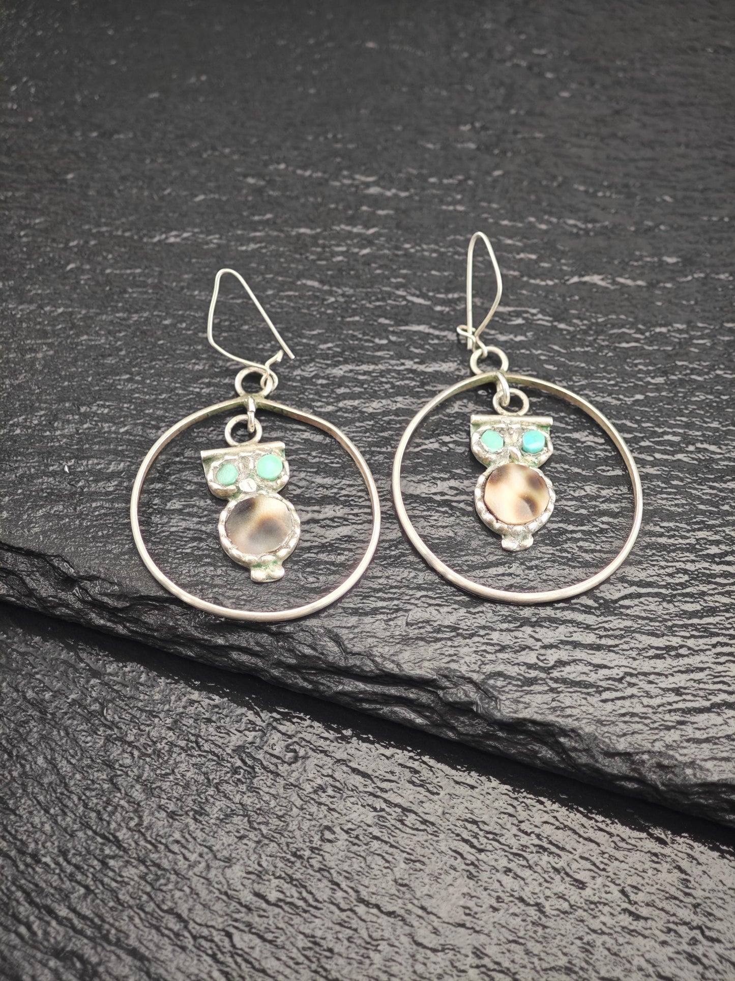 Zuni Inlay Hoop Earrings - Vintage Owl Design Sterling Silver