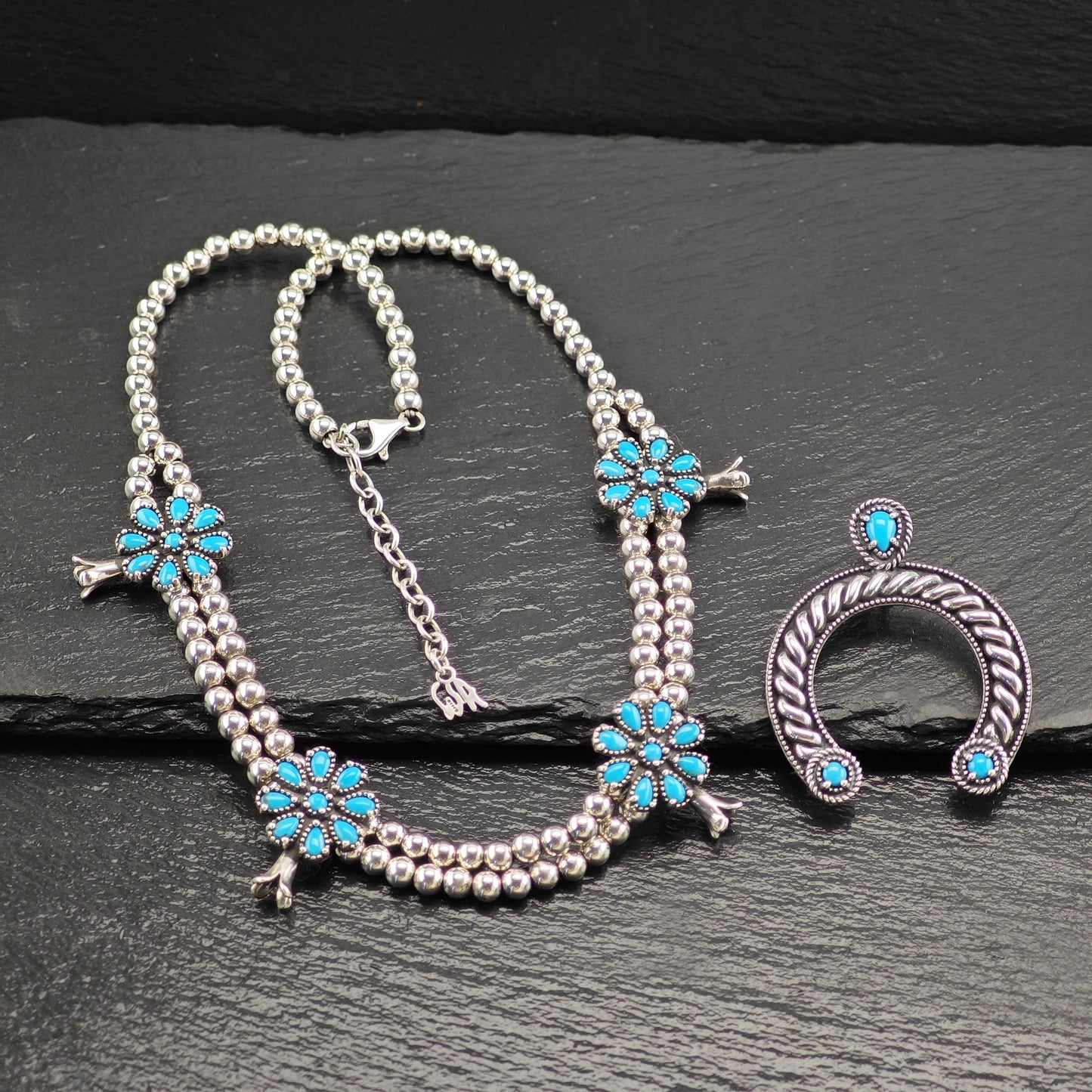 Carolyn Pollack Sterling Silver Squash Blossom Necklace with Removable Blue Turquoise Pendant