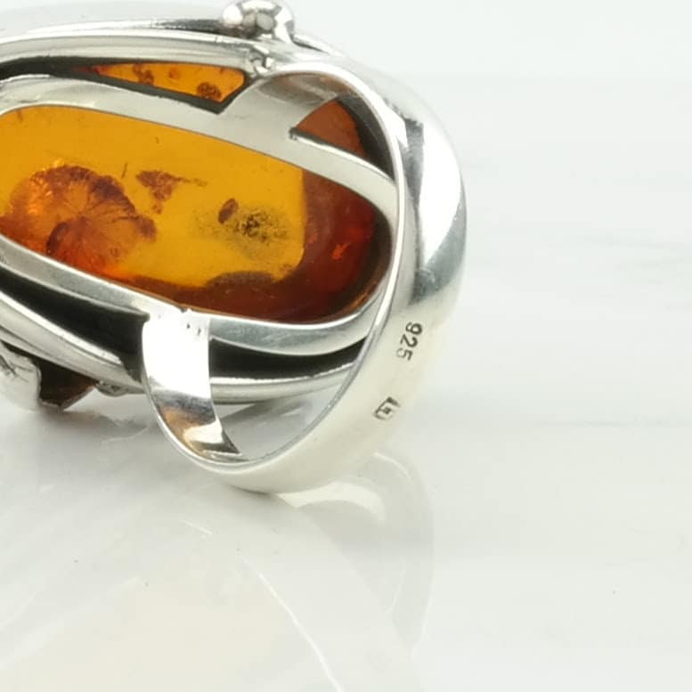 Poland Silver Ring Amber Leaf Sterling Orange Size 8