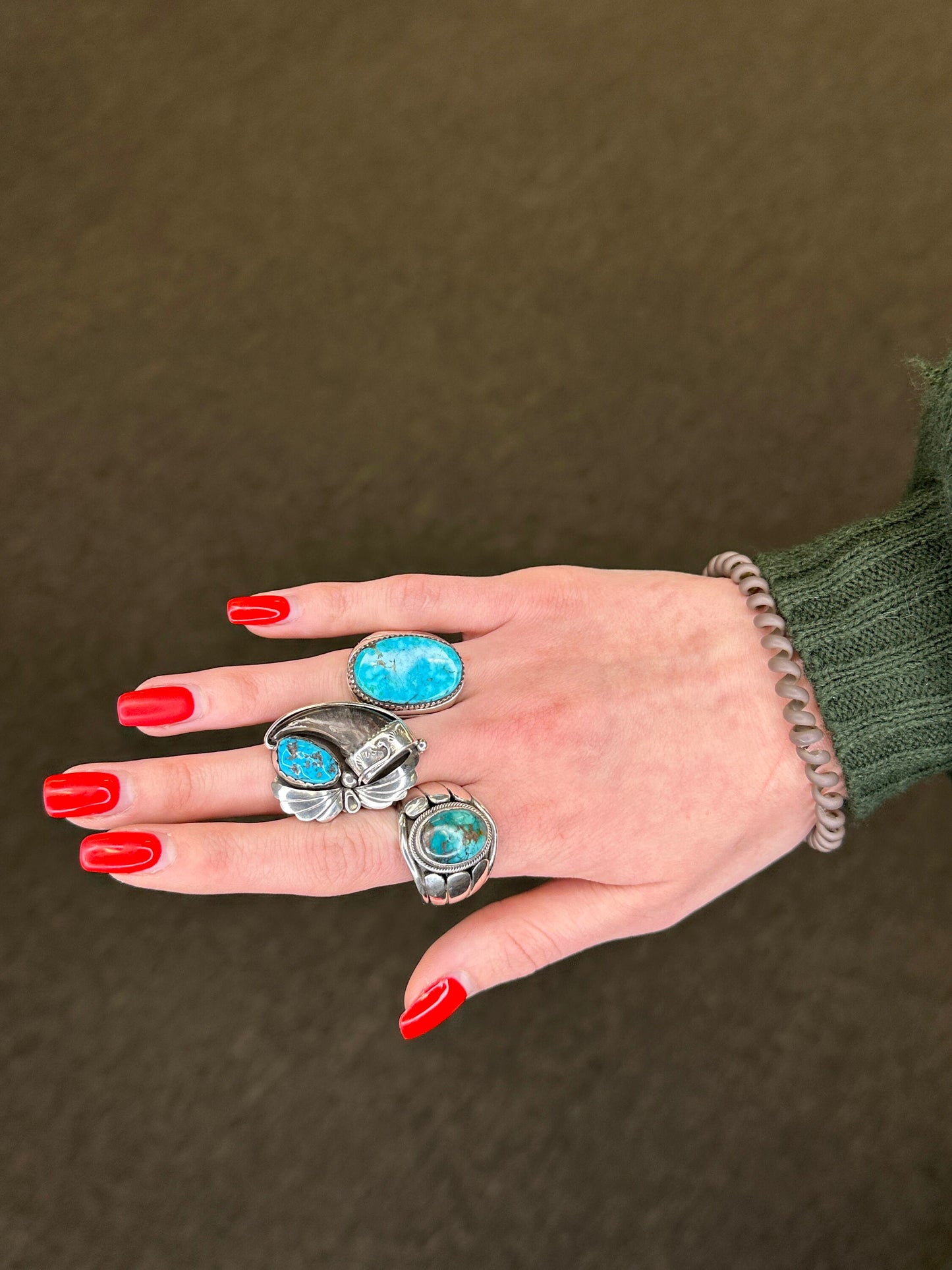 Native American Silver Ring Turquoise Fang Leaf Stamped Sterling Size 9 1/2