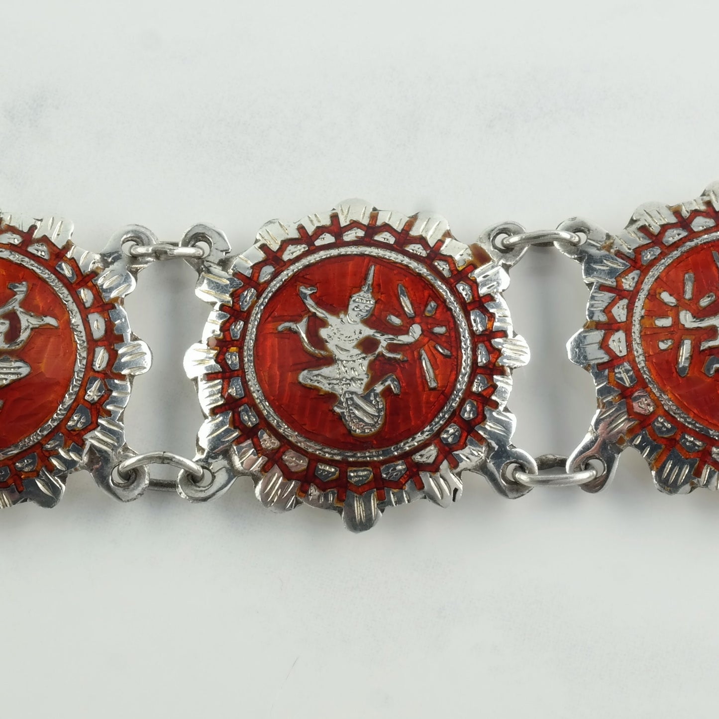 Vintage Red Niello Siam Bracelet Sterling Silver Link Enamel Dancer, Goddess