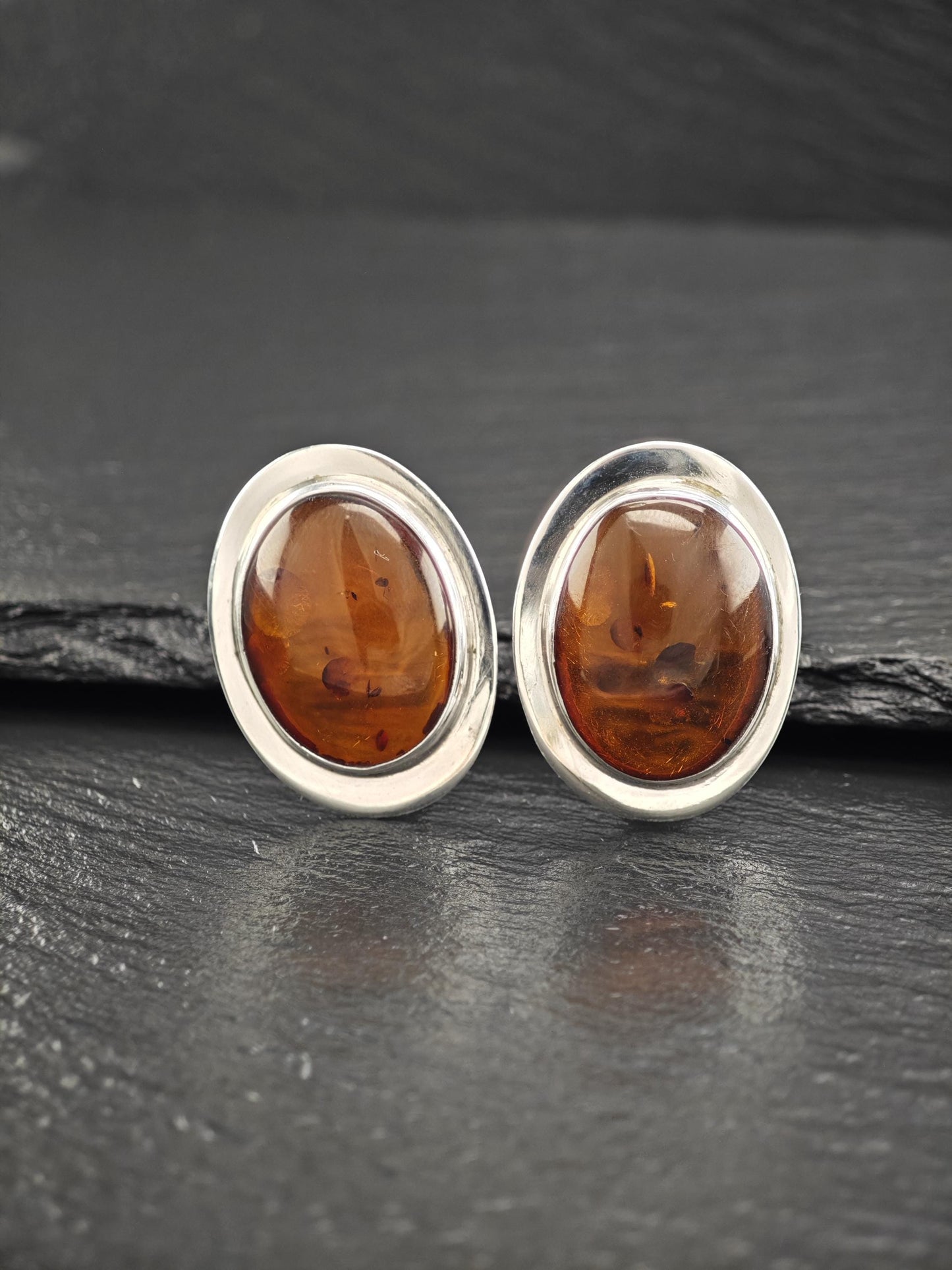 Large Modernist Amber Sterling Silver Clip On Earrings