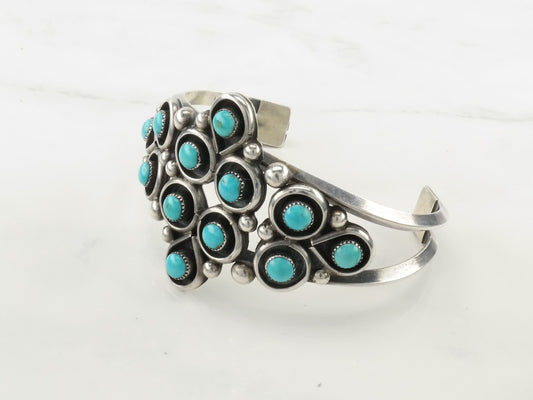 Native American Zuni Sterling Silver Cuff Bracelet Blue Turquoise Cluster Snake Eye