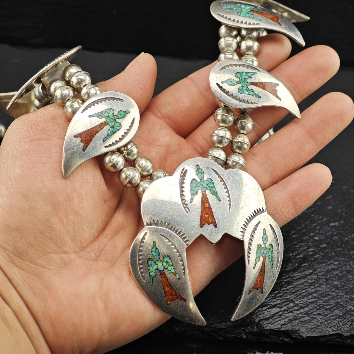 Navajo Turquoise Coral Chip Inlay Peyote Bird Squash Blossom Necklace Sterling Silver N2662