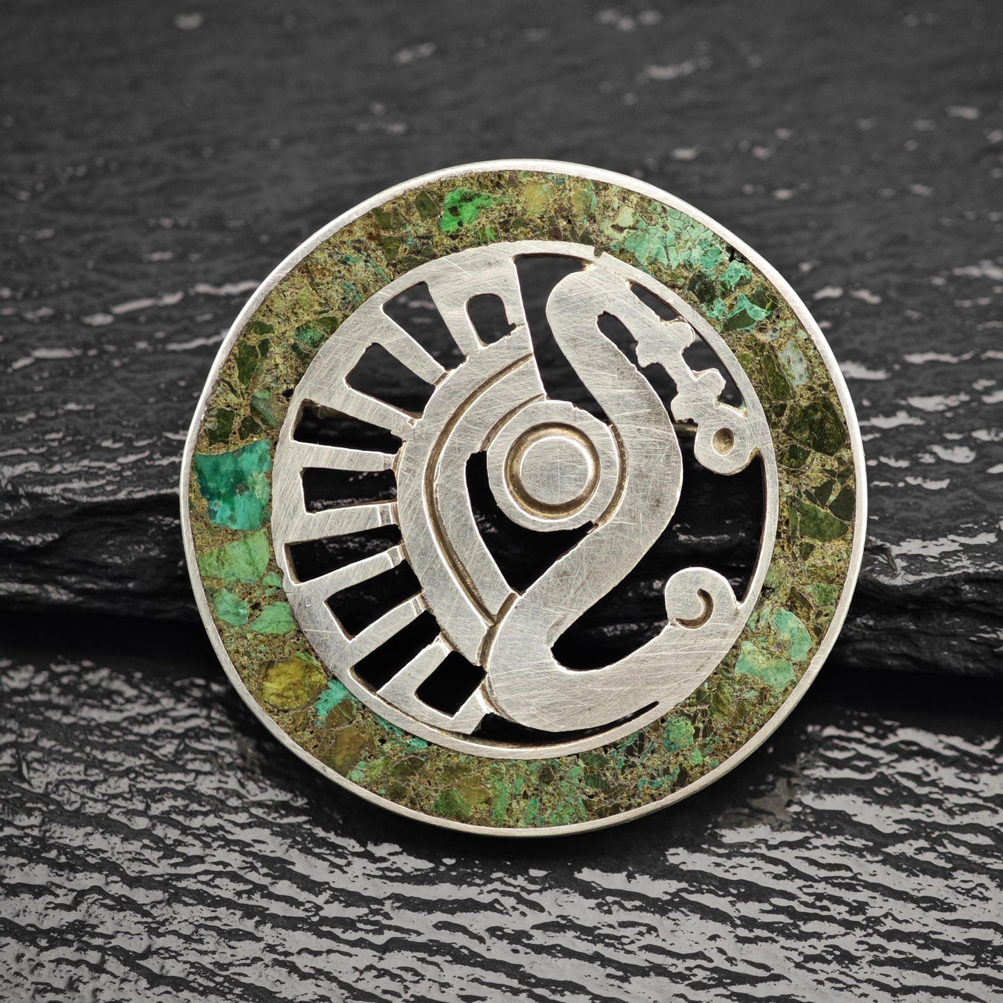 Vintage Taxco Green Chrysocolla Inlay Sterling Silver Brooch