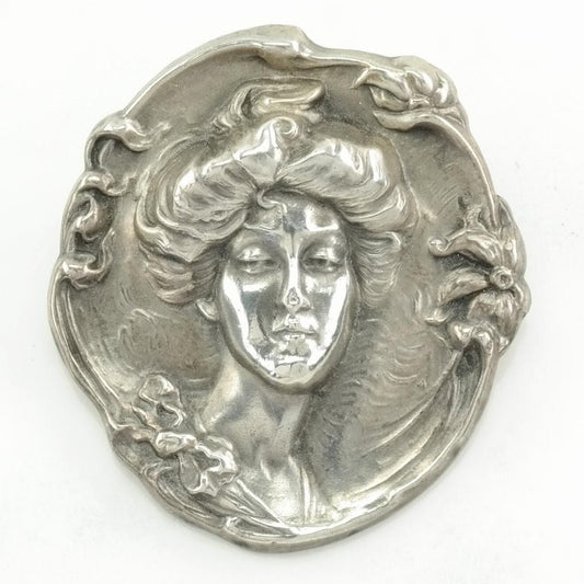 Art Nouveau Sterling Silver Brooch Female, Muse