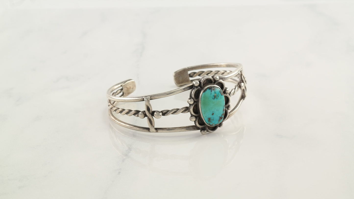 Native American Sterling Silver Cuff Bracelet Blue, Green Shade Fred Harvey Era Turquoise