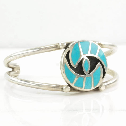 Native American Sterling Silver Cuff Bracelet Blue Turquoise Inlay